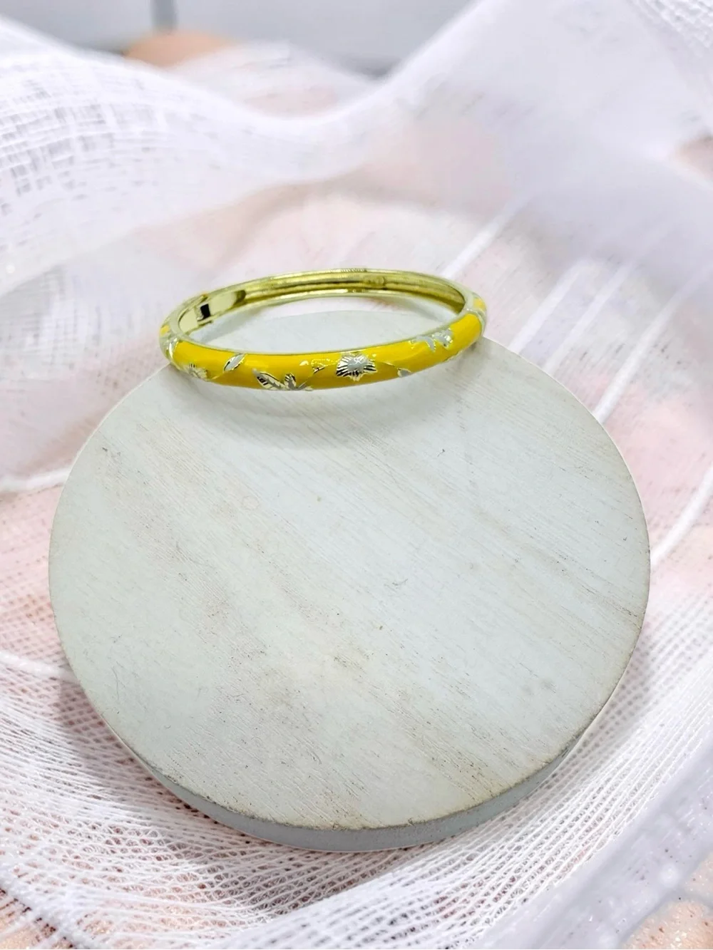 Yellow Floral Enamel Bangle Bracelet Gold Tone Vintage Style Statement Jewelry